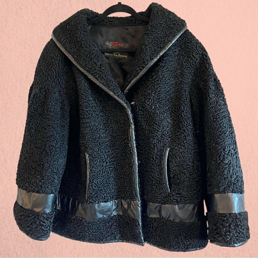 Vintage 1960s Hudson Bay black Persian lamb wool coat leather accents - Picture 5 of 16